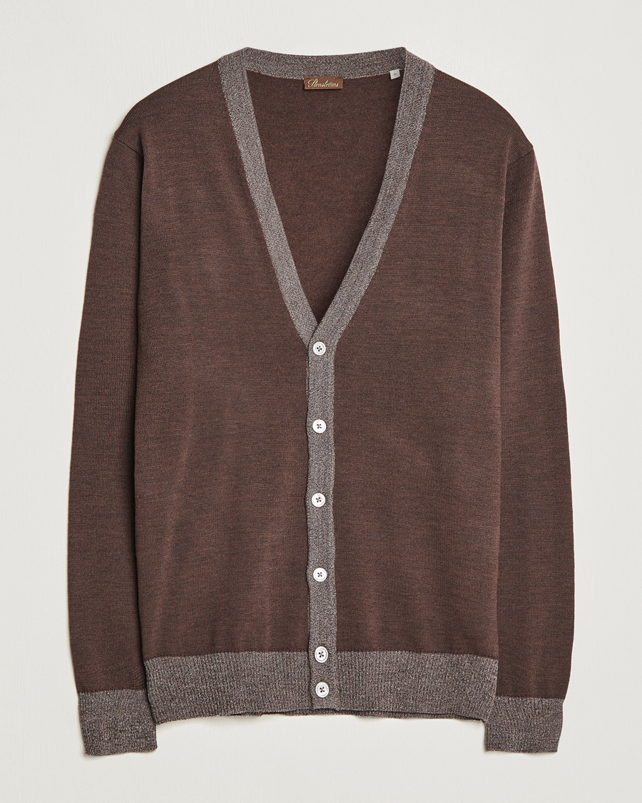 Men | Sweaters & Knitwear | Stenströms | Merino Wool Contrast Cardigan Brown