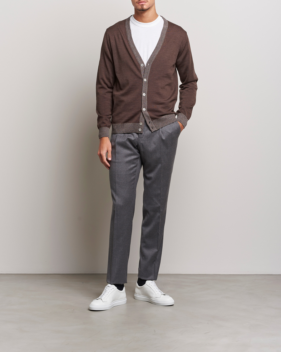 Men | Sweaters & Knitwear | Stenströms | Merino Wool Contrast Cardigan Brown