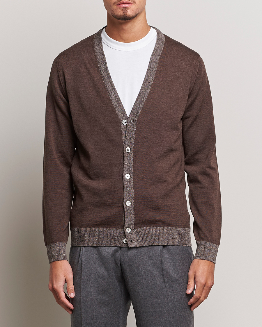 Men | Sweaters & Knitwear | Stenströms | Merino Wool Contrast Cardigan Brown