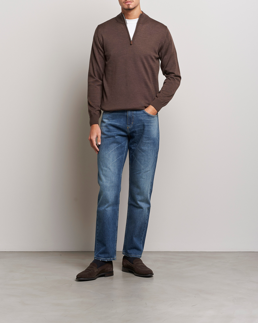 Men | Sweaters & Knitwear | Stenströms | Merino Half Zip Brown