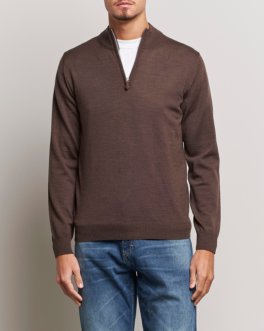 Men | Sweaters & Knitwear | Stenströms | Merino Half Zip Brown