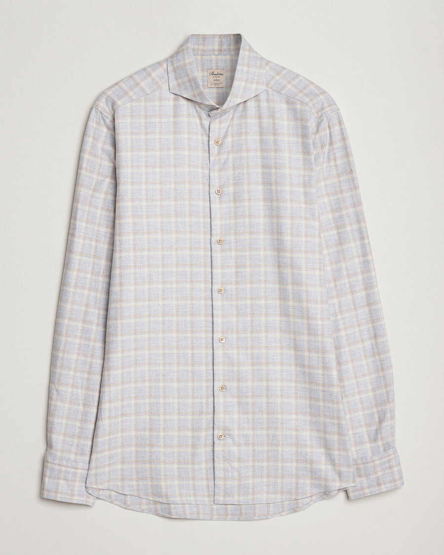 Men | Shirts | Stenströms | Slimline Checked Cut Away Flannel Shirt Light Grey