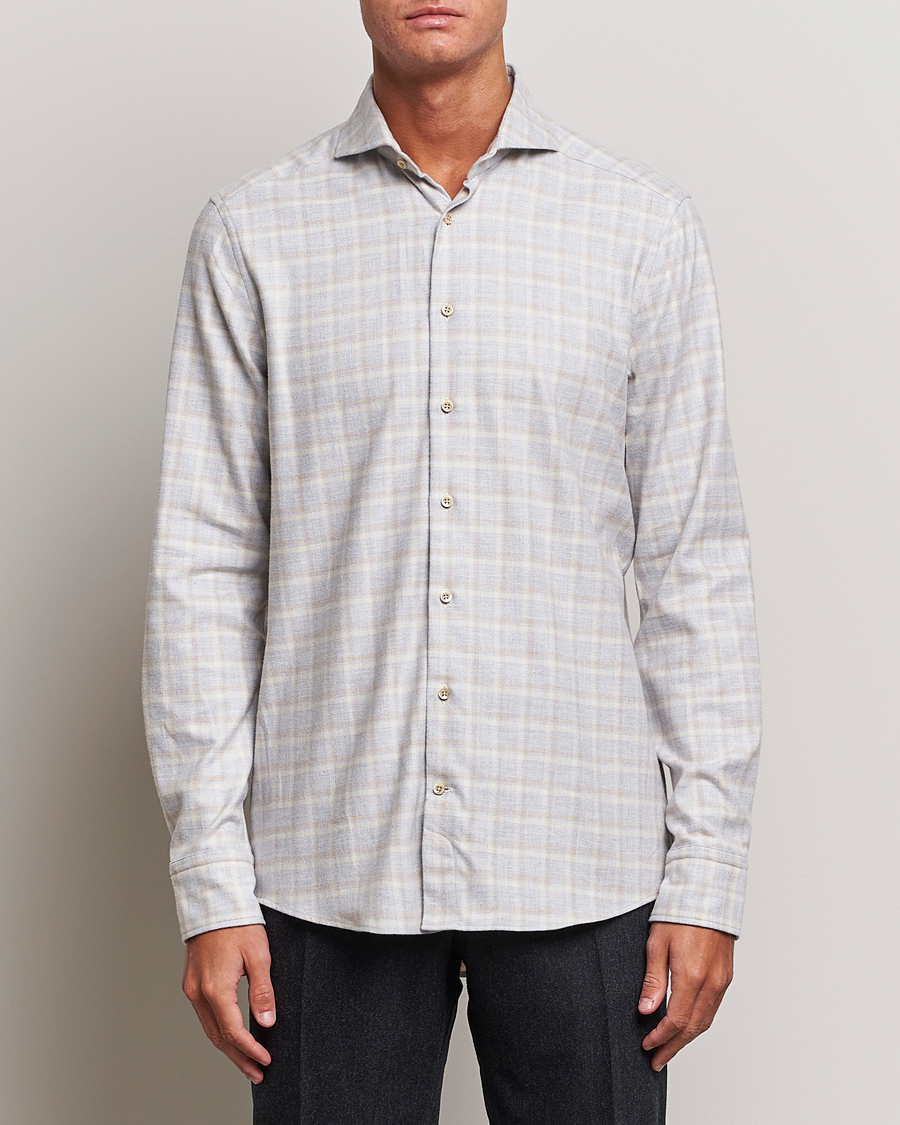 Men |  | Stenströms | Slimline Checked Cut Away Flannel Shirt Light Grey