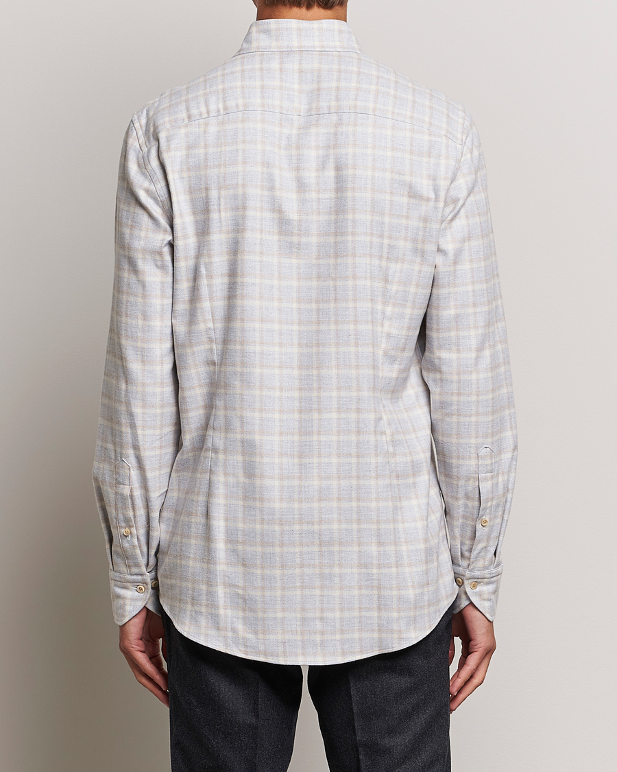 Men | Shirts | Stenströms | Slimline Checked Cut Away Flannel Shirt Light Grey