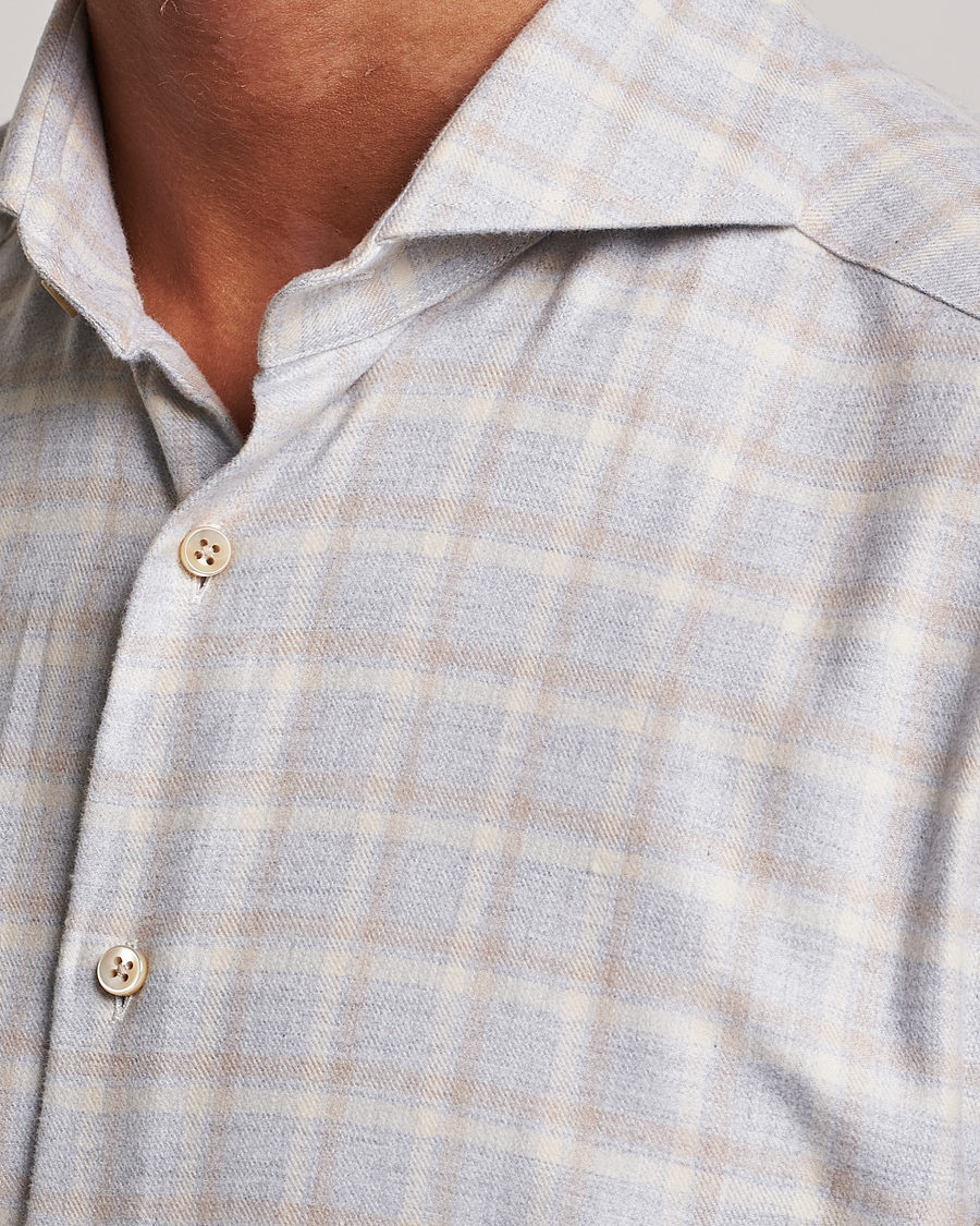 Men | Shirts | Stenströms | Slimline Checked Cut Away Flannel Shirt Light Grey