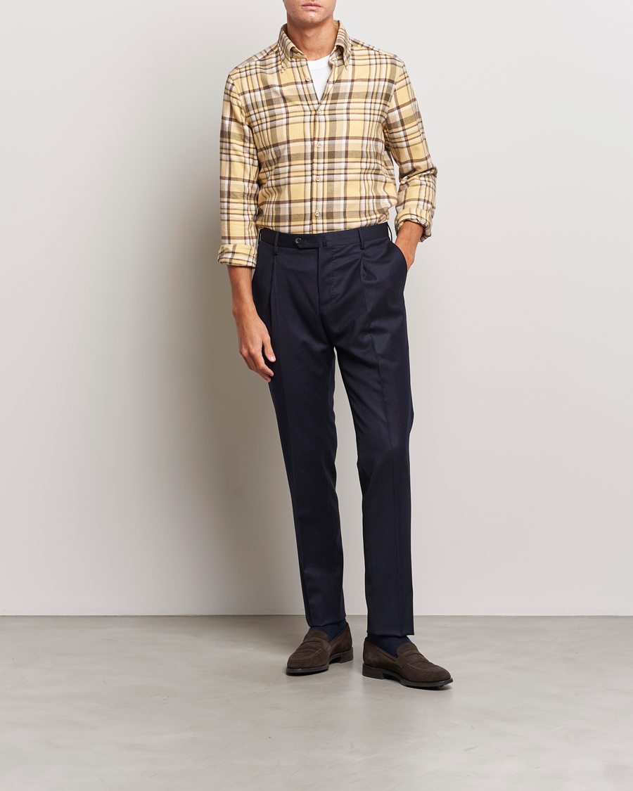 Men | Shirts | Stenströms | Slimline Checked Button Down Flannel Shirt Yellow