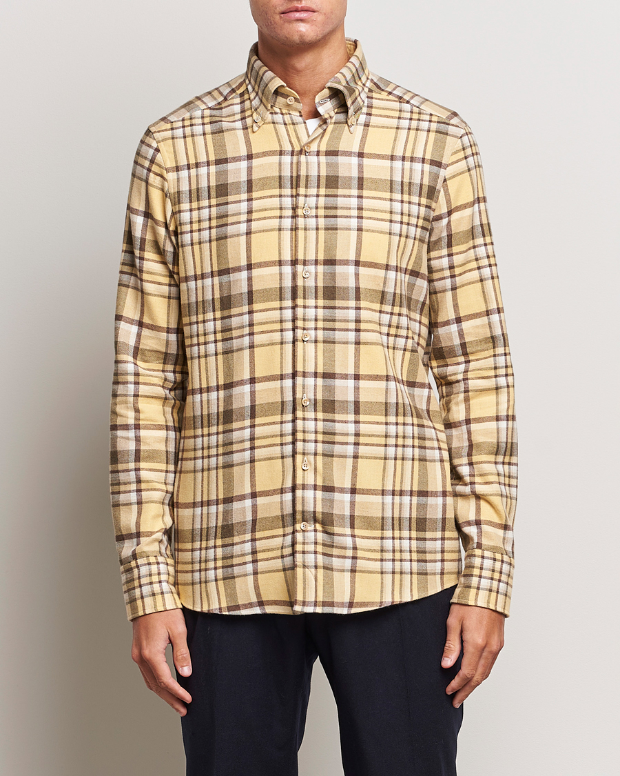 Men | Shirts | Stenströms | Slimline Checked Button Down Flannel Shirt Yellow