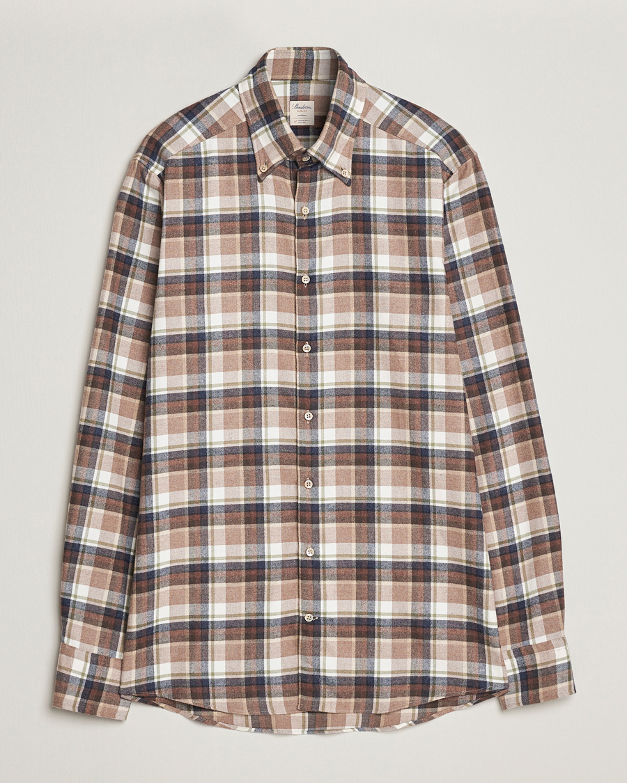 Men | Shirts | Stenströms | Slimline Checked Button Down Flannel Shirt Beige