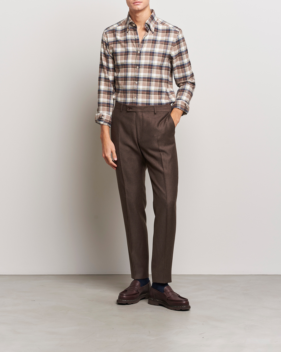 Men | Shirts | Stenströms | Slimline Checked Button Down Flannel Shirt Beige