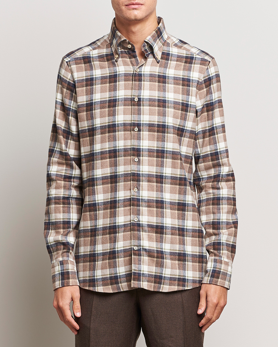Men | Shirts | Stenströms | Slimline Checked Button Down Flannel Shirt Beige
