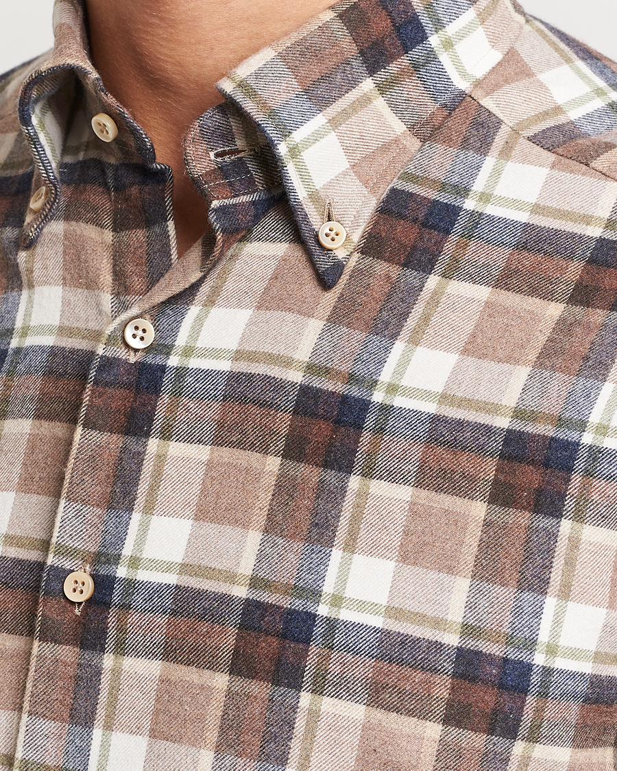 Men | Shirts | Stenströms | Slimline Checked Button Down Flannel Shirt Beige