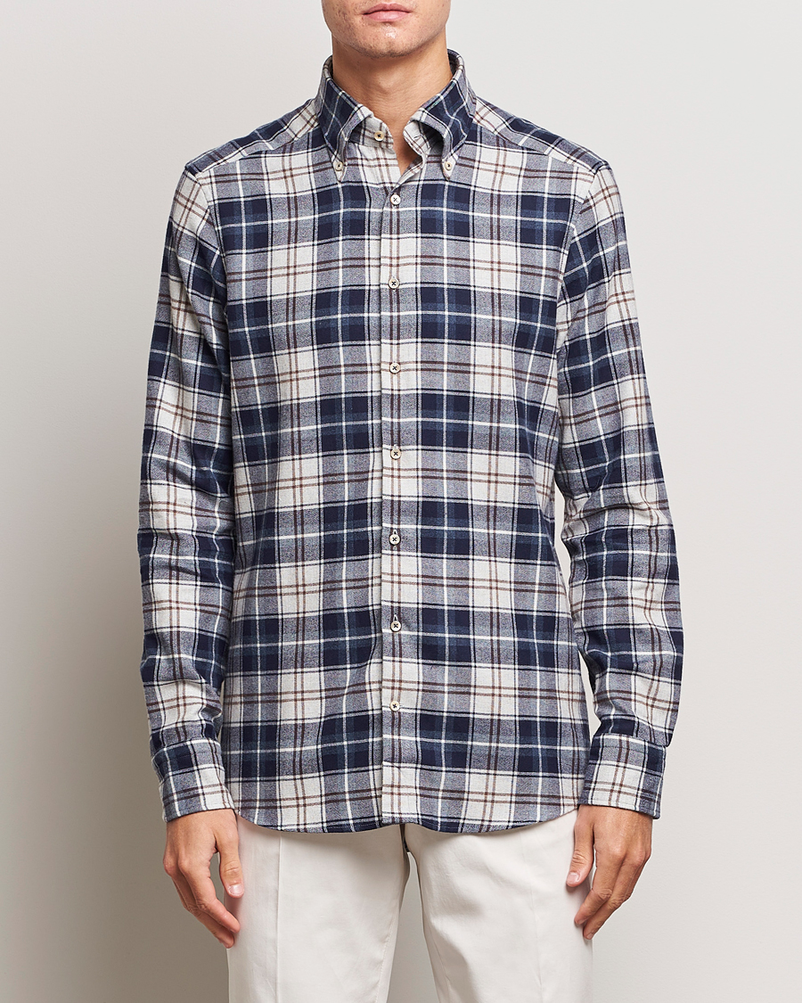 Men | Shirts | Stenströms | Slimline Checked Button Down Flannel Shirt Blue