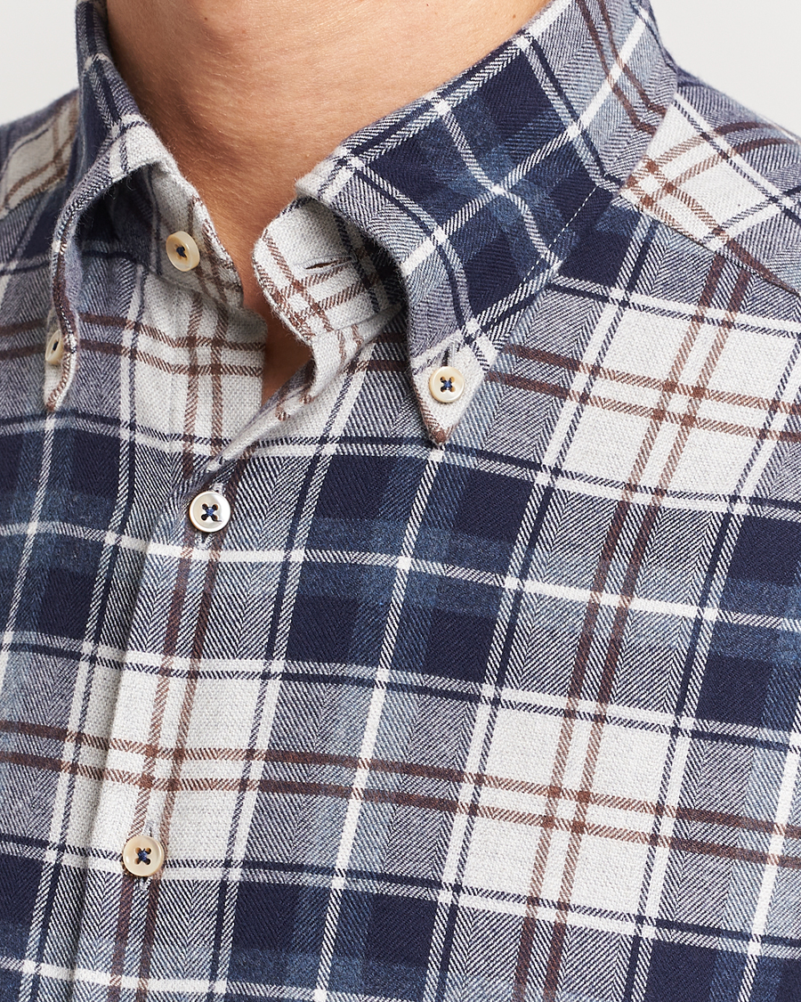 Men | Shirts | Stenströms | Slimline Checked Button Down Flannel Shirt Blue