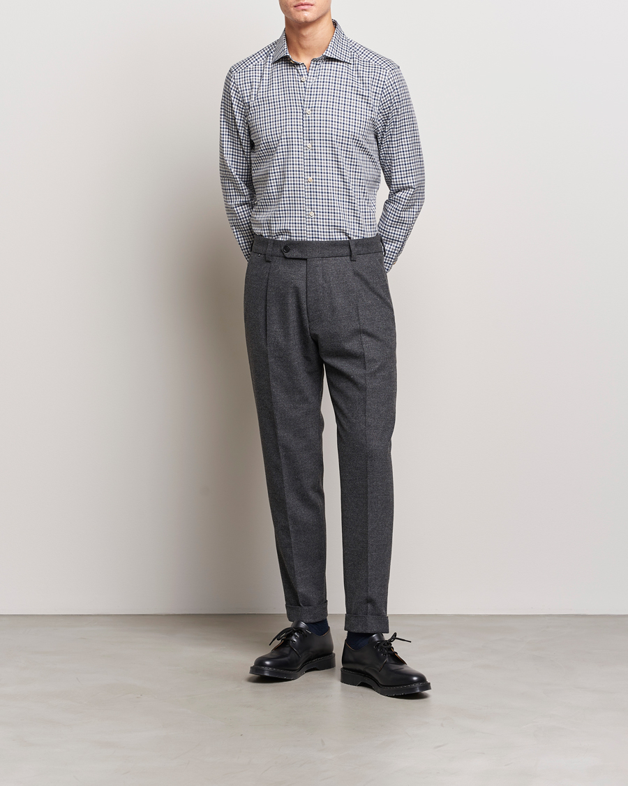 Men | Shirts | Stenströms | Slimline Small Checked Flannel Shirt Blue/Grey