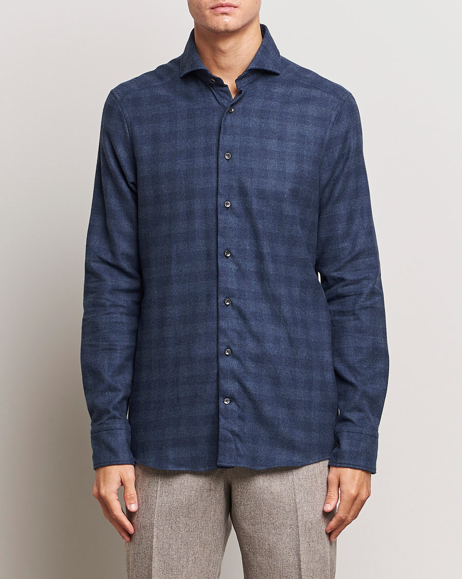 Men | Shirts | Stenströms | Slimline Checked Cut Away Flannel Shirt Navy