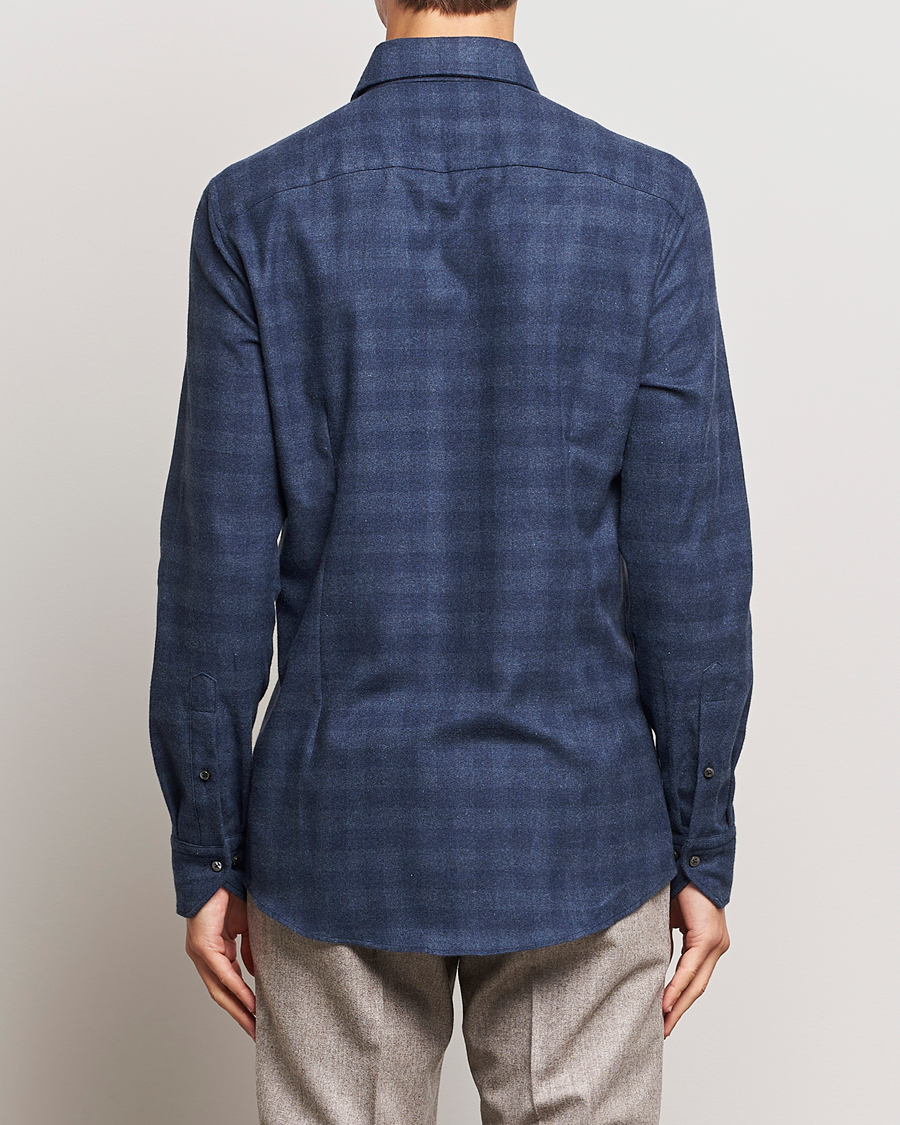 Men | Shirts | Stenströms | Slimline Checked Cut Away Flannel Shirt Navy