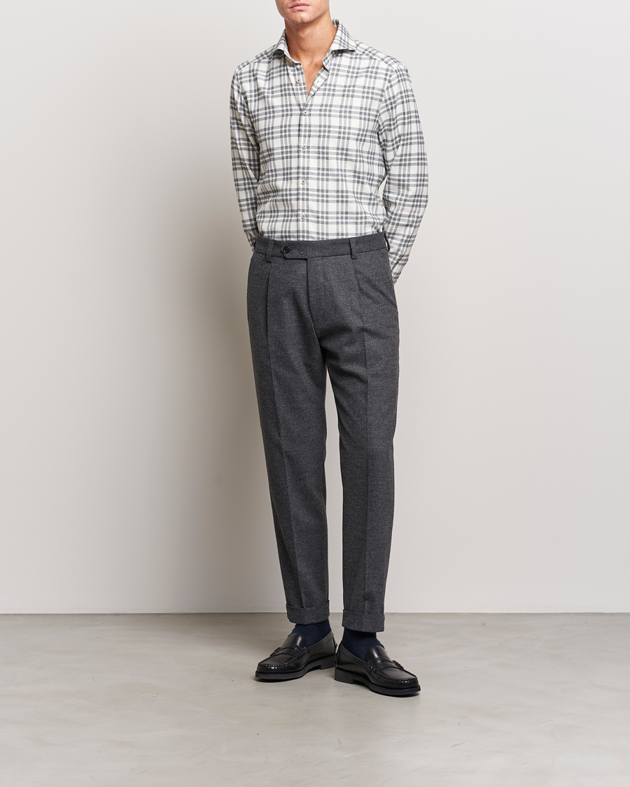 Men | Shirts | Stenströms | Slimline Checked Cut Away Flannel Shirt White/Black