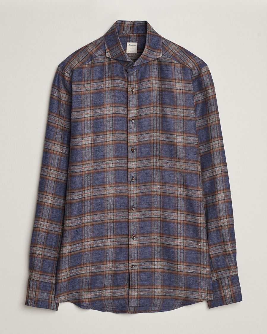 Men | Shirts | Stenströms | Slimline Checked Linen Flannel Shirt Brown