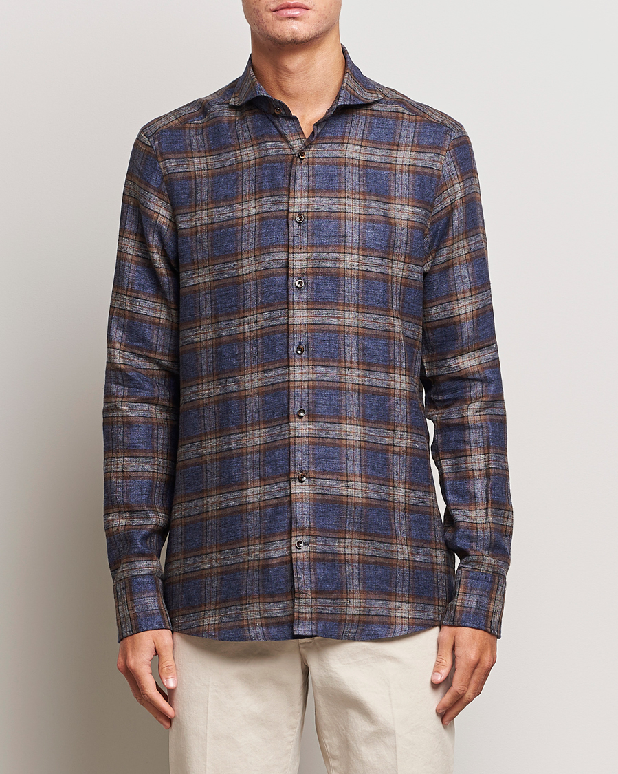 Men |  | Stenströms | Slimline Checked Linen Flannel Shirt Brown
