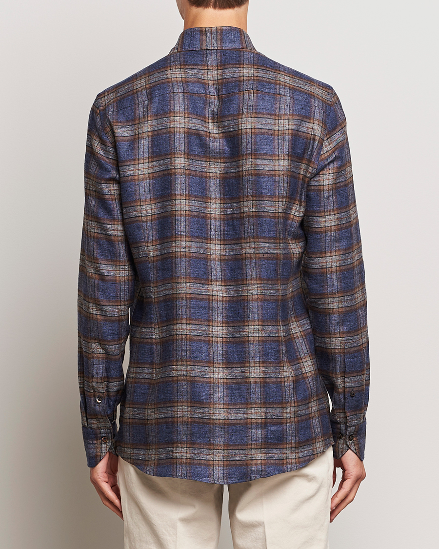 Men | Shirts | Stenströms | Slimline Checked Linen Flannel Shirt Brown