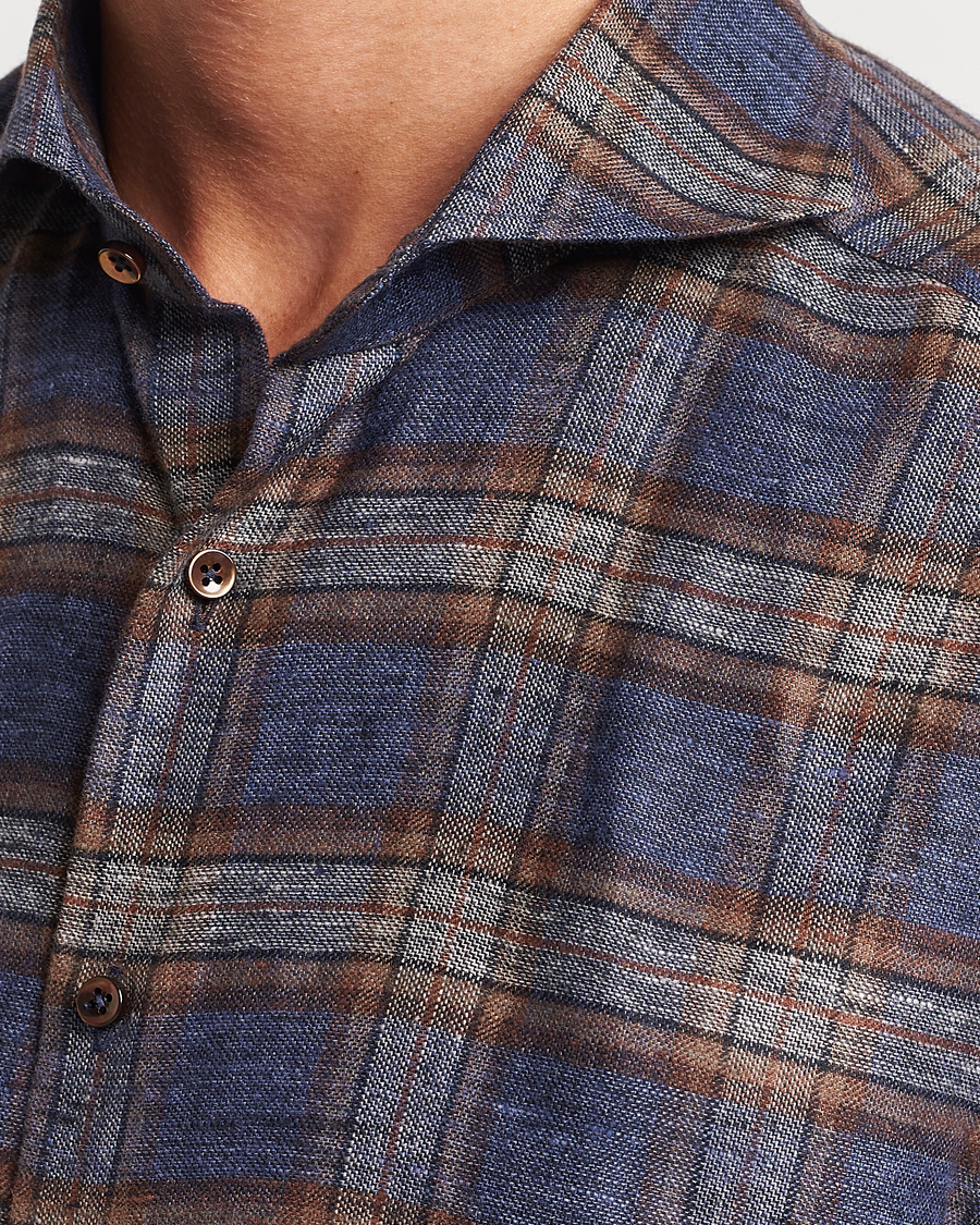 Men | Shirts | Stenströms | Slimline Checked Linen Flannel Shirt Brown
