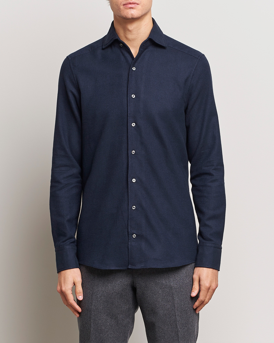 Men | Flannel Shirts | Stenströms | Slimline Micro Structure Flannel Shirt Navy