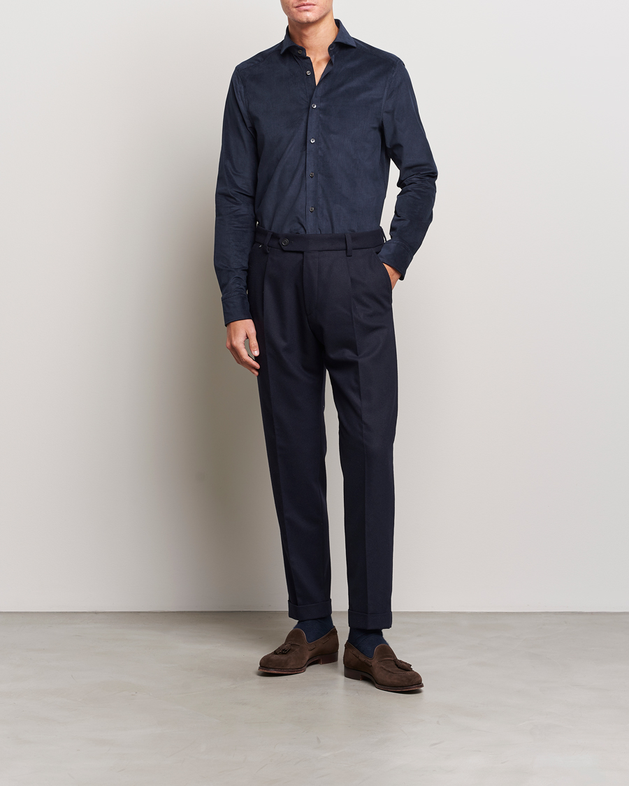 Men | Shirts | Stenströms | Slimline Cut Away Corduroy Shirt Navy