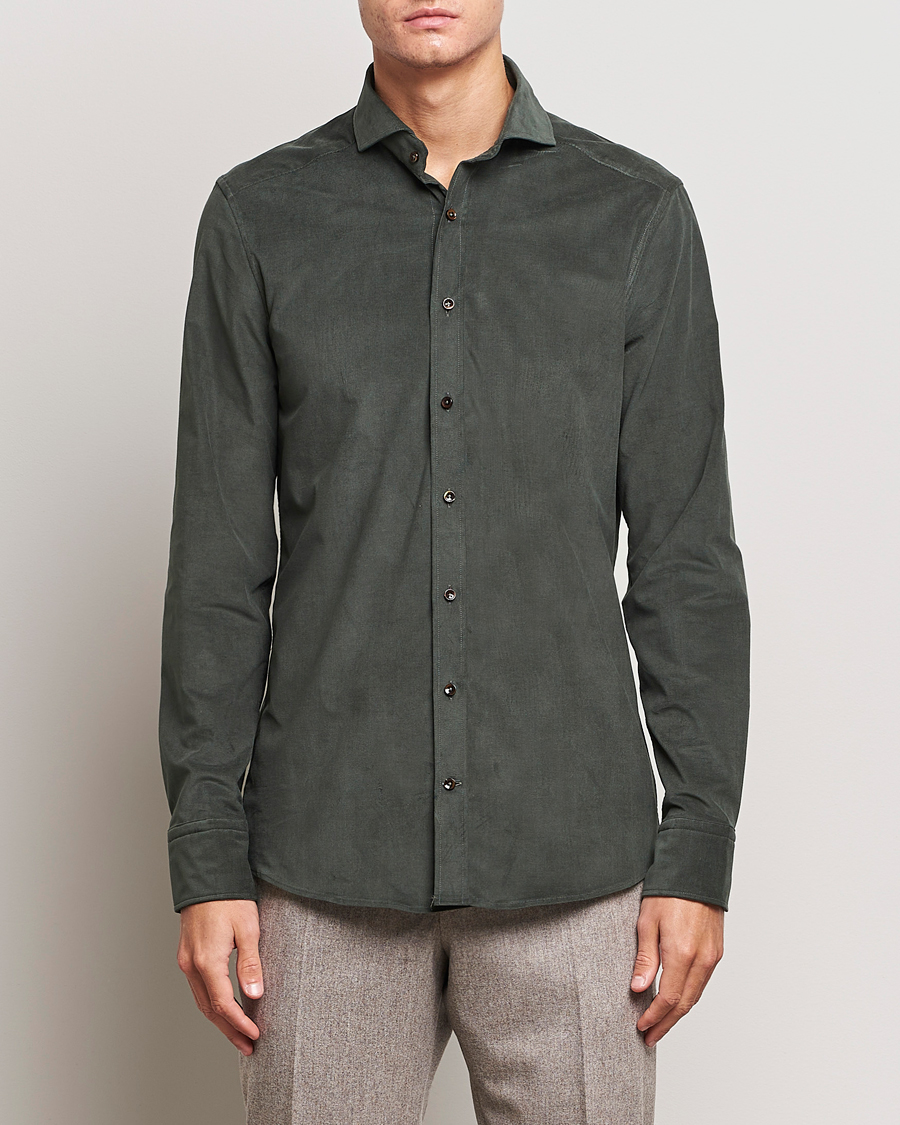 Men | Corduroy Shirts | Stenströms | Slimline Cut Away Corduroy Shirt Dark Green