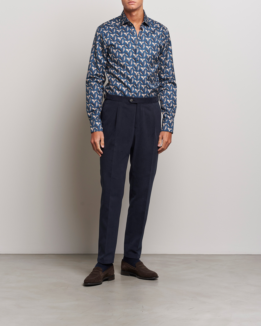 Men | Shirts | Stenströms | Slimline Owl Printed Cut Away Shirt Blue