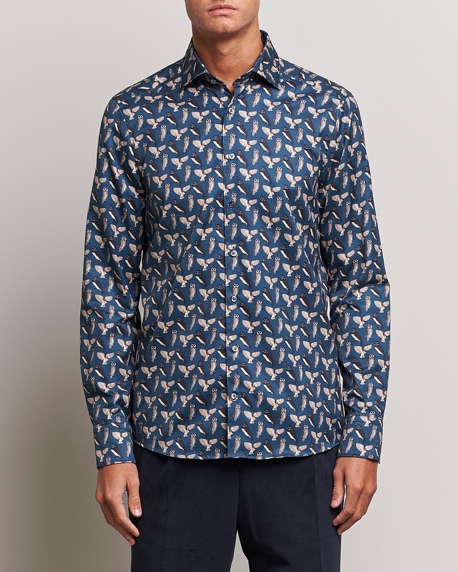 Men |  | Stenströms | Slimline Owl Printed Cut Away Shirt Blue