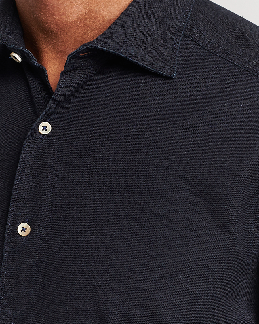 Men | Shirts | Stenströms | Slimline Cut Away Overdyed Denim Shirt Dark Blue