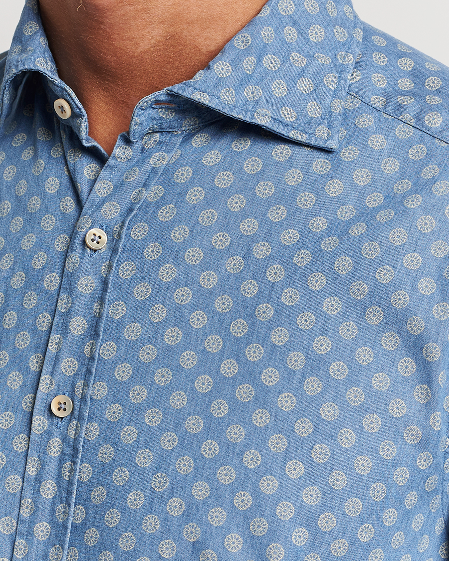 Men | Shirts | Stenströms | Slimline Printed Cut Away Denim Shirt Light Blue