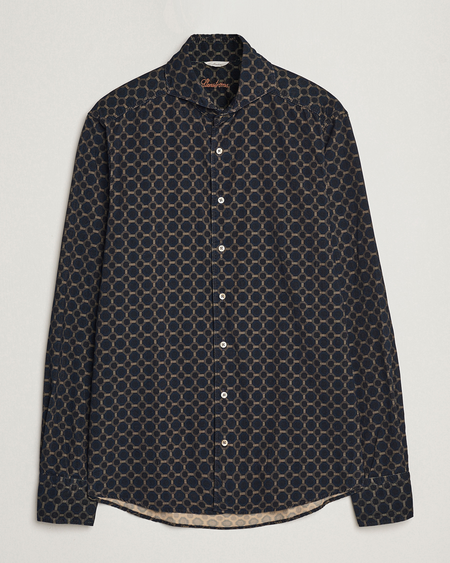 Men | Shirts | Stenströms | Slimline Babycord Printed Cut Away Shirt Navy