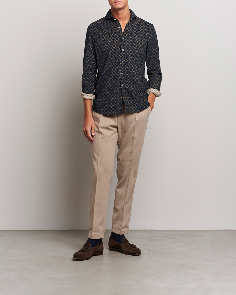 Men | Shirts | Stenströms | Slimline Babycord Printed Cut Away Shirt Navy