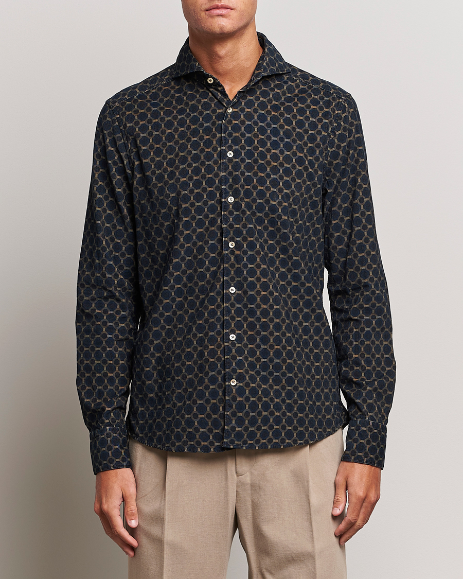 Men | Shirts | Stenströms | Slimline Babycord Printed Cut Away Shirt Navy