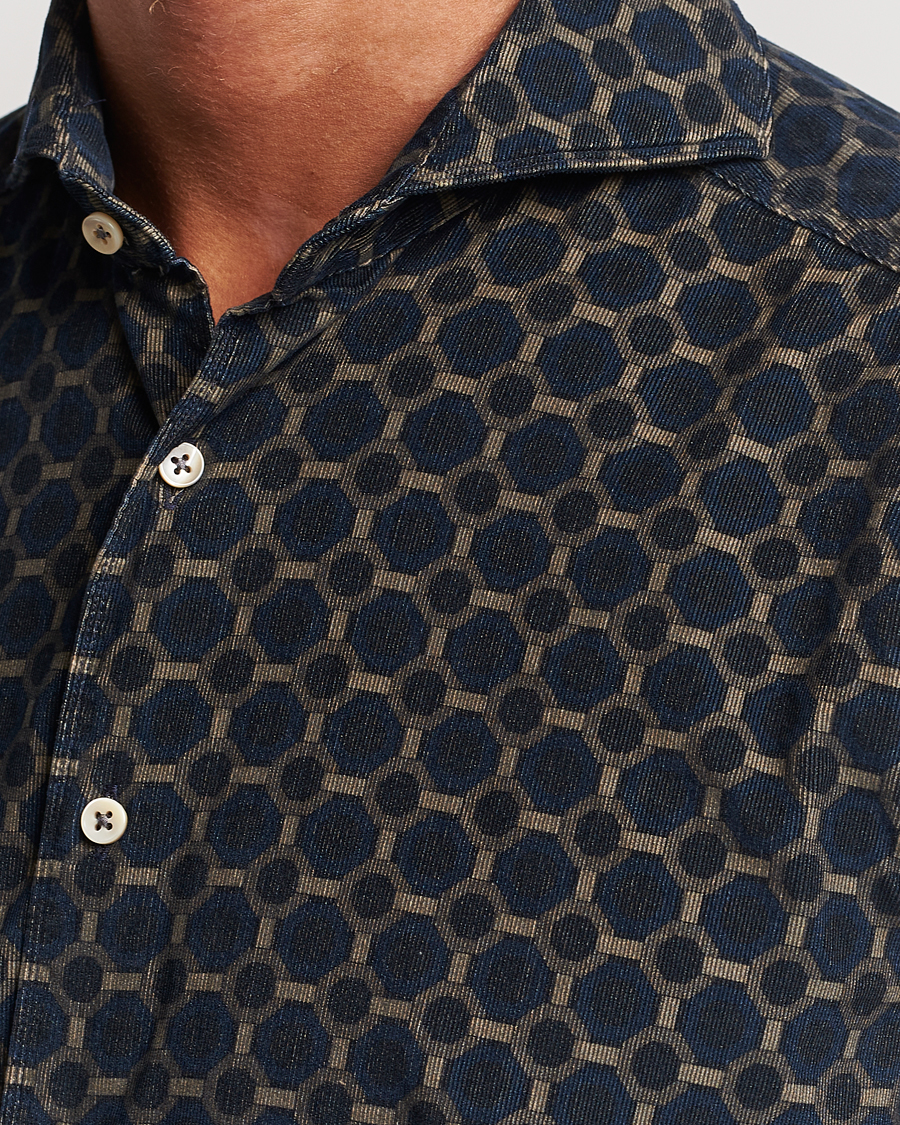 Men | Shirts | Stenströms | Slimline Babycord Printed Cut Away Shirt Navy