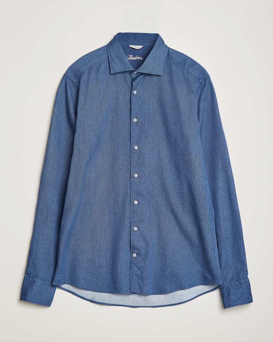 Men |  | Stenströms | Slimline Printed Oxford Washed Cut Away Shirt Dark Blue