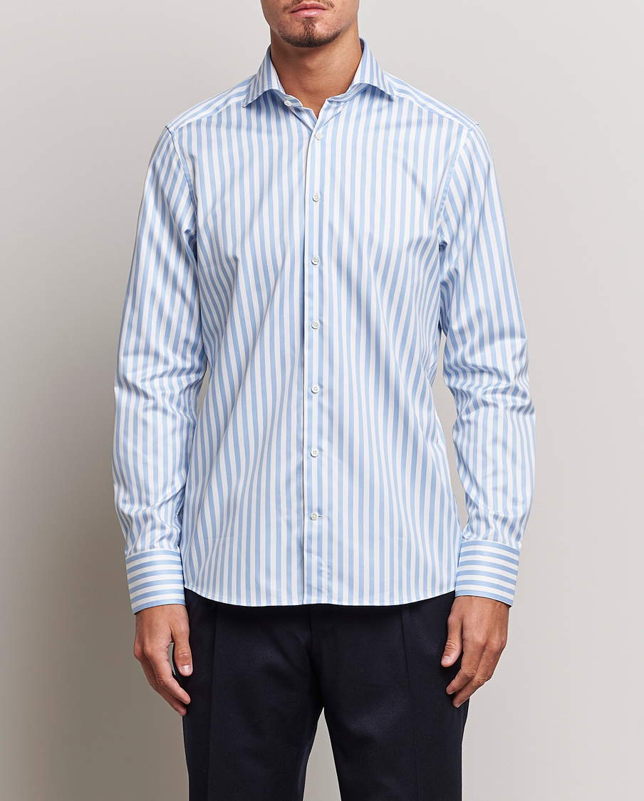 Men | Shirts | Stenströms | Slimline Bold Stripe 2-Fold Cut Away Shirt  Light Blue