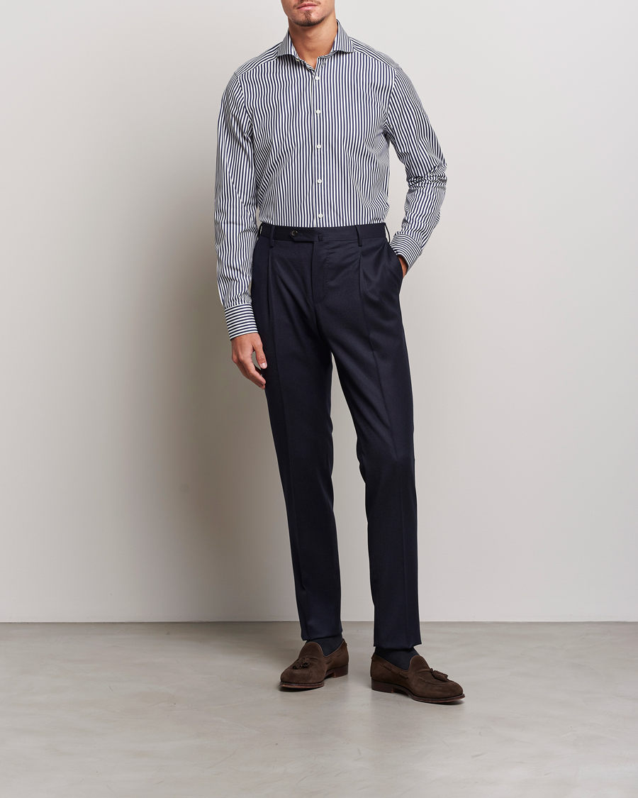 Men | Shirts | Stenströms | Slimline Striped Popline Cut Away Shirt Navy