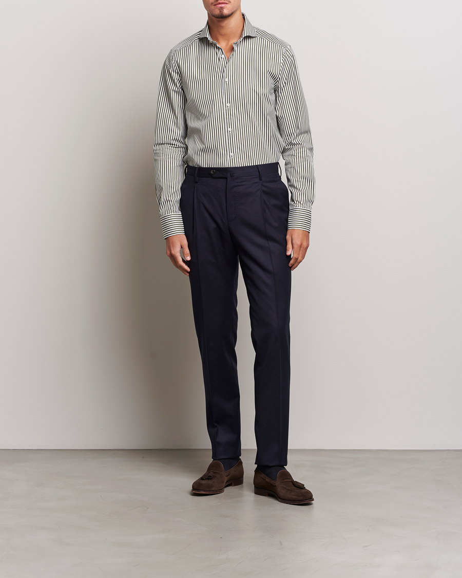 Men | Shirts | Stenströms | Slimline Striped Popline Cut Away Shirt Green