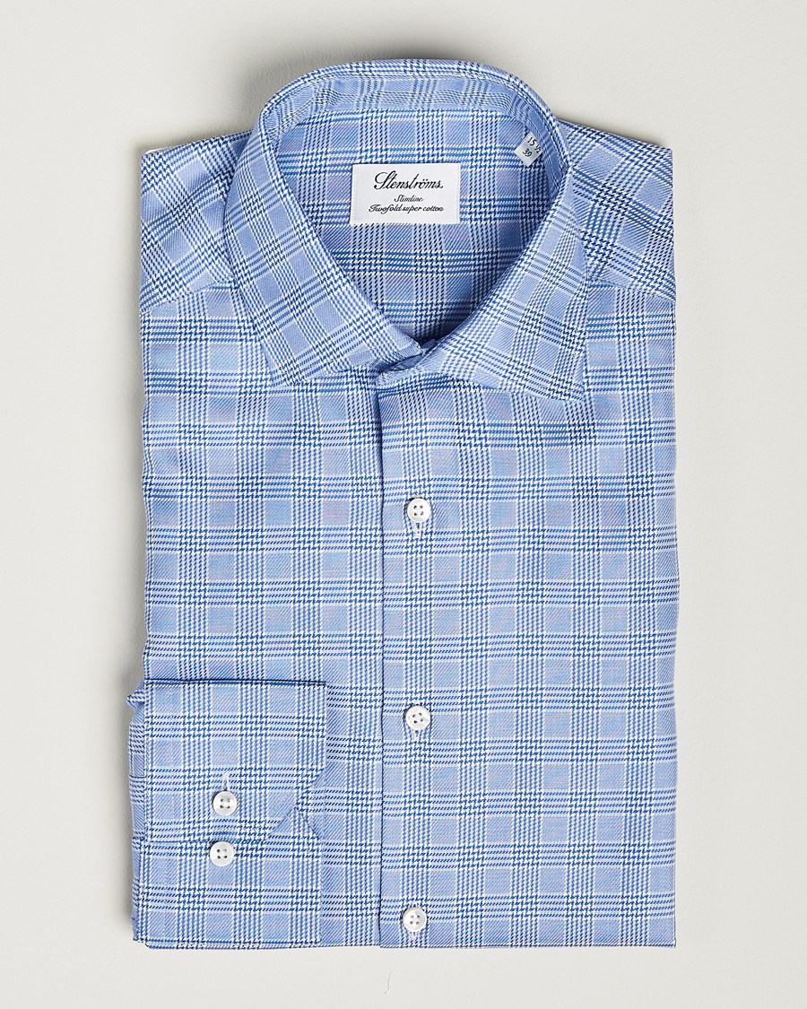 Men | Shirts | Stenströms | Slimline Checked Cut Away Shirt Blue