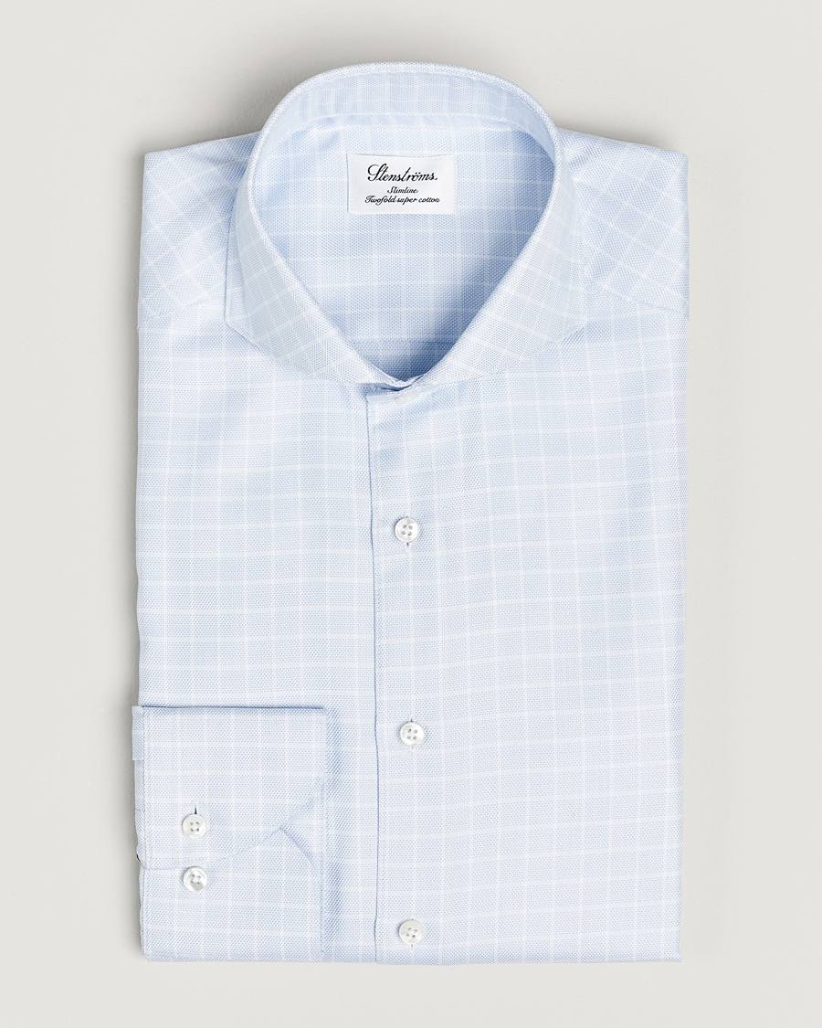 Men | Shirts | Stenströms | Slimline Small Checked Cut Away Shirt Light Blue