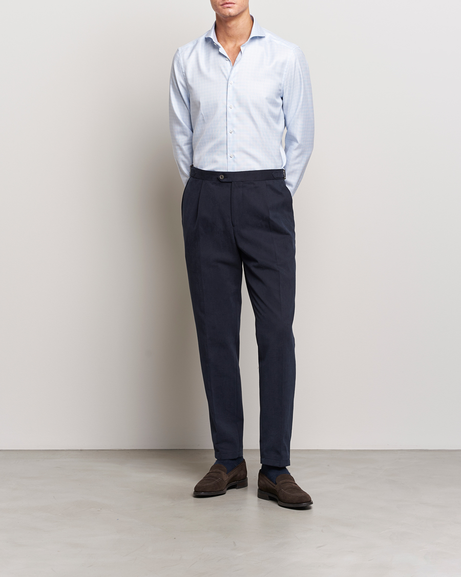 Men | Shirts | Stenströms | Slimline Small Checked Cut Away Shirt Light Blue