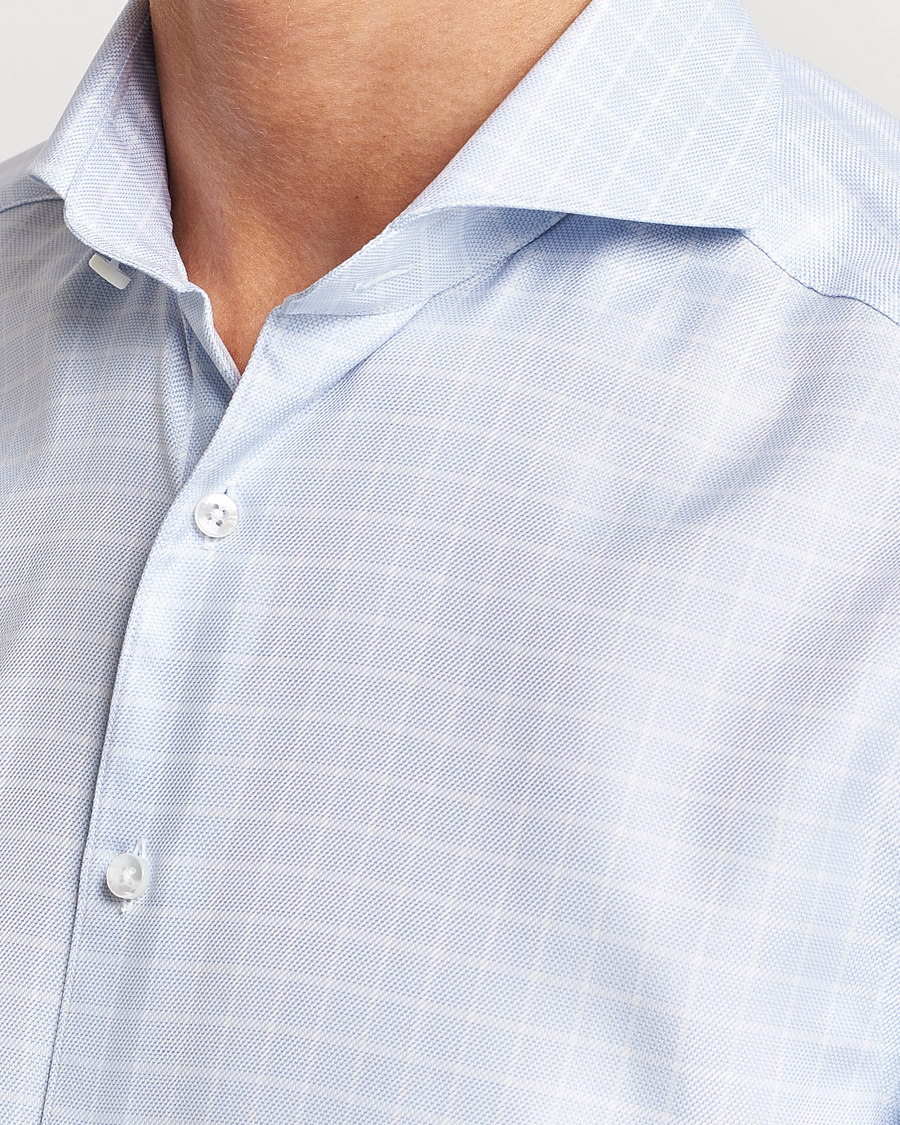 Men | Shirts | Stenströms | Slimline Small Checked Cut Away Shirt Light Blue