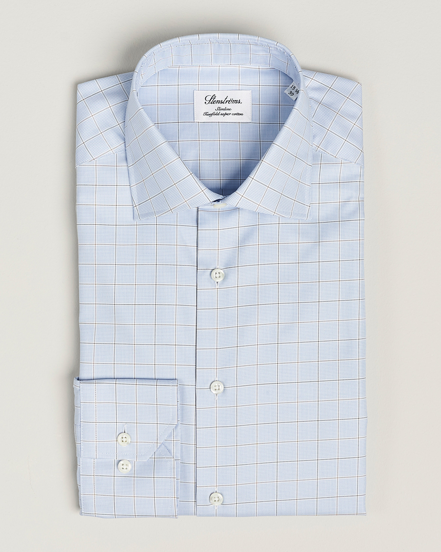Men | Shirts | Stenströms | Slimline Houndstooth Checked Cut Away Shirt Blue