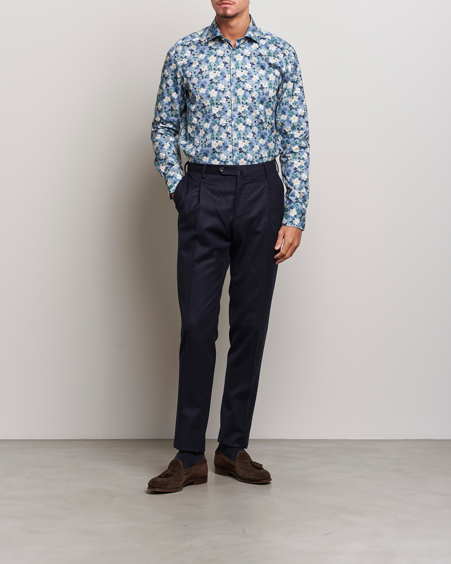 Men | Shirts | Stenströms | Slimline Printed Flower Cut Away Shirt Blue