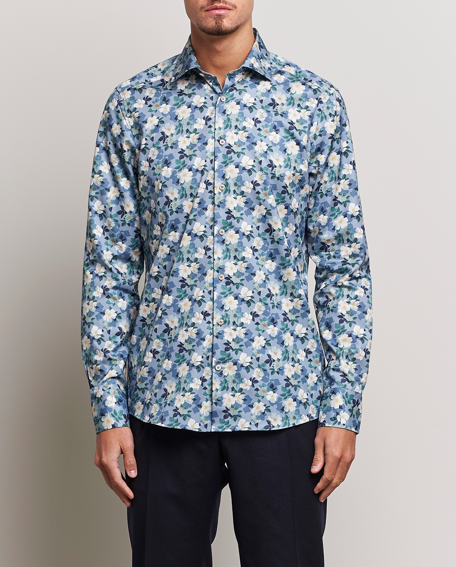 Men | Shirts | Stenströms | Slimline Printed Flower Cut Away Shirt Blue