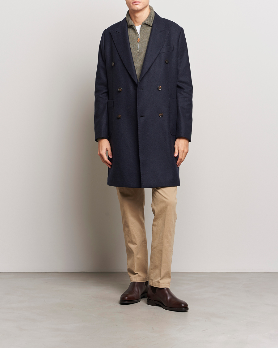 Men | Coats & Jackets | Morris | Double Breasted Herringbone Wool Coat Navy