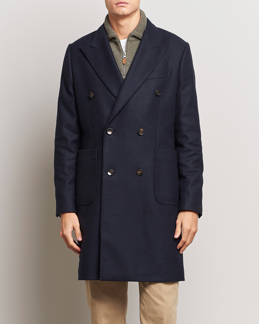 Morris Double Breasted Herringbone Wool Coat Navy at CareOfCarl.com