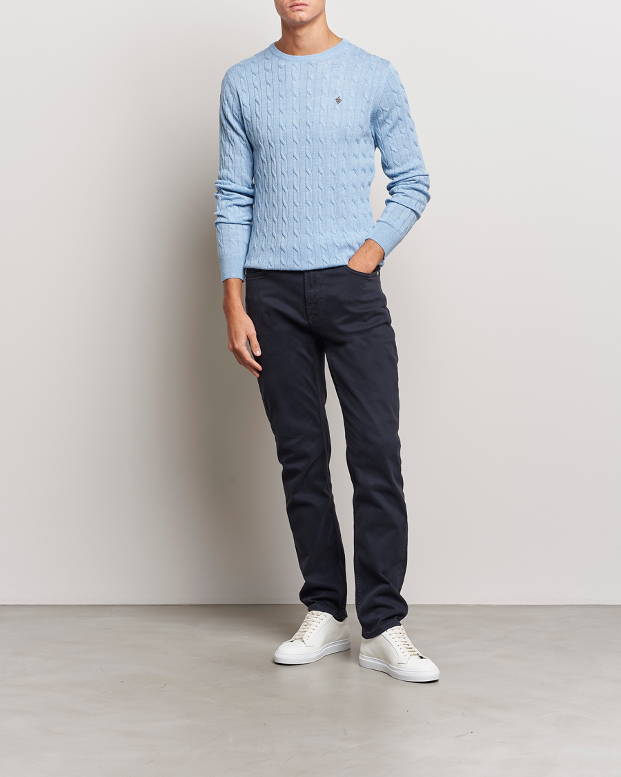 Men | Sweaters & Knitwear | Morris | Merino Cable Crew Neck Light Blue